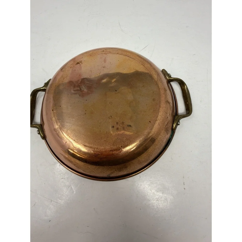 Vintage Copper Pan Brass Handles Stainless‎ Steel Lined Round Skillet Cookware